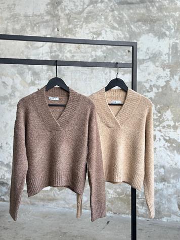 V Yaka Buklet Triko Kazak (Bej/Vizon)