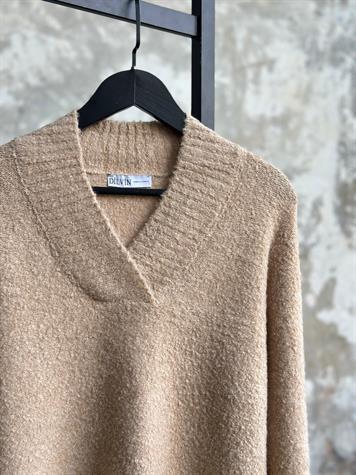 V Yaka Buklet Triko Kazak (Bej/Vizon)