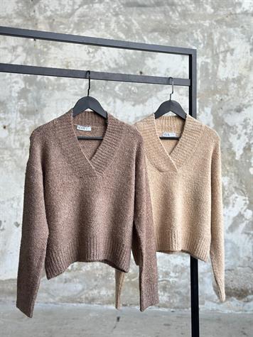 V Yaka Buklet Triko Kazak (Bej/Vizon)