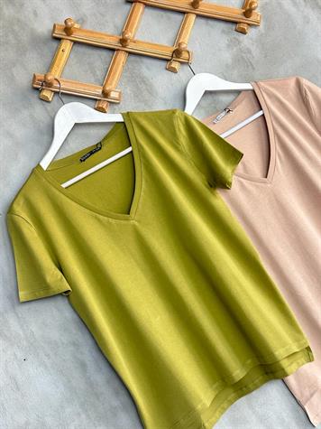 V Yaka Dilvin Basic T-Shirt (Haki/Bej)