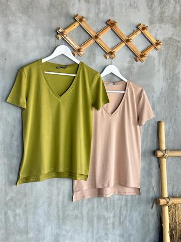 V Yaka Dilvin Basic T-Shirt (Haki/Bej)
