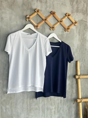 V Yaka Dilvin Basic T-Shirt (Lacivert/Beyaz)