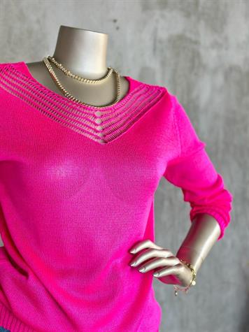 V Yaka File Detaylı Kadın Kazak (Fuşya)