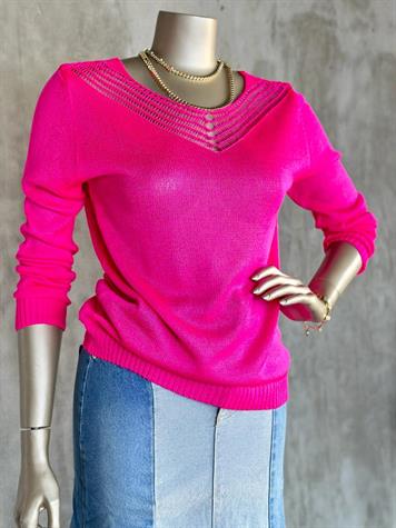 V Yaka File Detaylı Kadın Kazak (Fuşya)