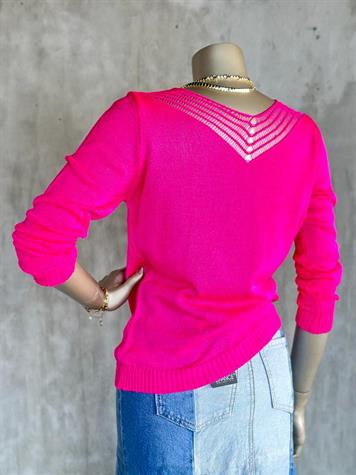 V Yaka File Detaylı Kadın Kazak (Fuşya)