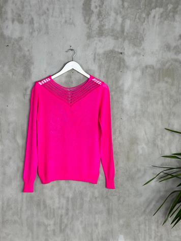 V Yaka File Detaylı Kadın Kazak (Fuşya)