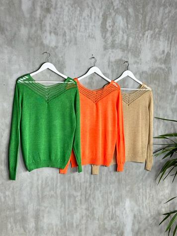 V Yaka File Detaylı Kadın Kazak (Yeşil)