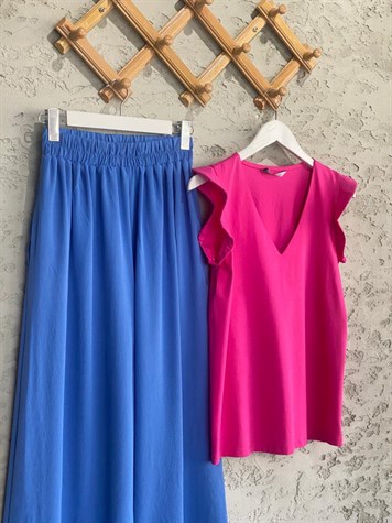 V Yaka Kolları Fırfır Tshirt (Pembe/Mavi)