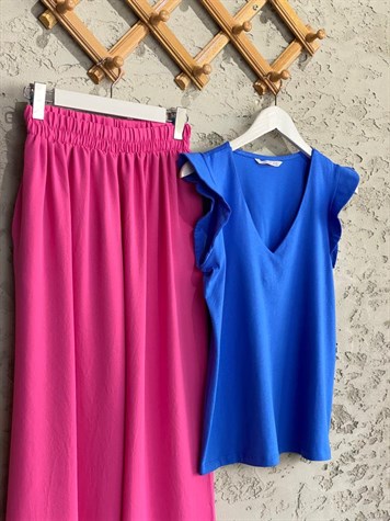 V Yaka Kolları Fırfır Tshirt (Pembe/Mavi)