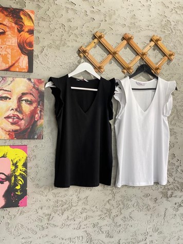 V Yaka Kolları Fırfır Tshirt (Siyah/Beyaz)