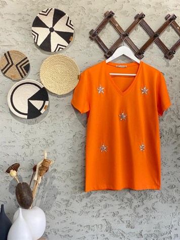 V Yaka Kristal Taşlı Yıldız Detay Tshirt (Oranj)