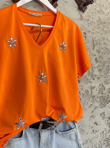 V Yaka Kristal Taşlı Yıldız Detay Tshirt (Oranj)