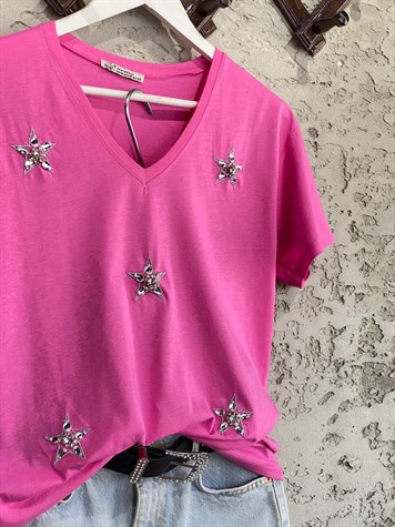 V Yaka Kristal Taşlı Yıldız Detay Tshirt (Pembe)