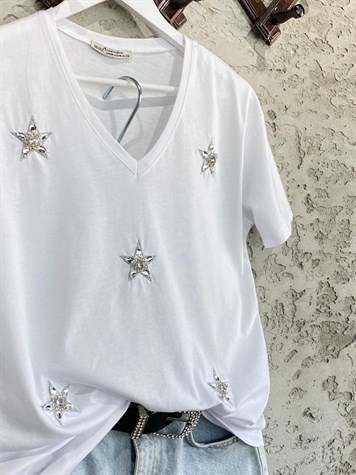 V Yaka Kristal Taşlı Yıldız Detay Tshirt (Beyaz)