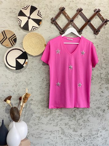 V Yaka Kristal Taşlı Yıldız Detay Tshirt (Pembe)