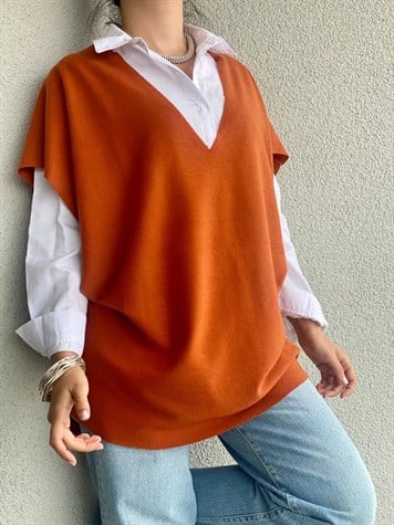 V Yaka Oversize Kesim Süveter (Kiremit)