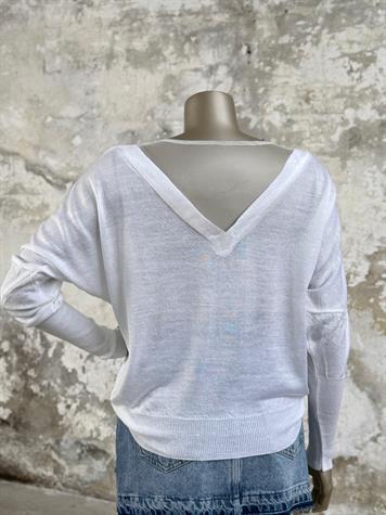 V Yaka Tül Geçişli Merserize Triko Örme Salaş Kazak (Beyaz)