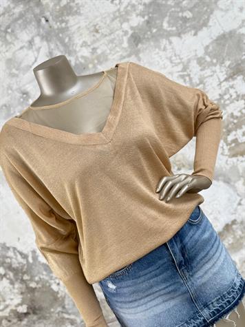 V Yaka Tül Geçişli Merserize Triko Örme Salaş Kazak (Camel)