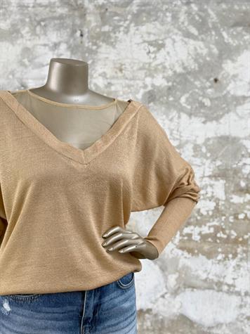 V Yaka Tül Geçişli Merserize Triko Örme Salaş Kazak (Camel)