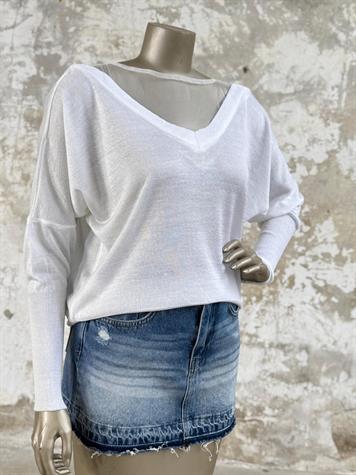 V Yaka Tül Geçişli Merserize Triko Örme Salaş Kazak (Beyaz)