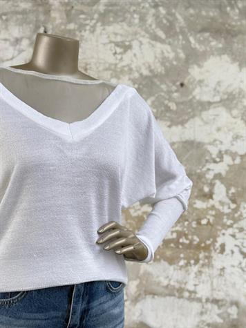 V Yaka Tül Geçişli Merserize Triko Örme Salaş Kazak (Beyaz)