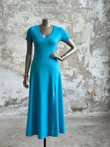 V Yaka Yırtmaç Detaylı Basic Elbise (Turkuaz)