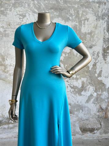 V Yaka Yırtmaç Detaylı Basic Elbise (Turkuaz)