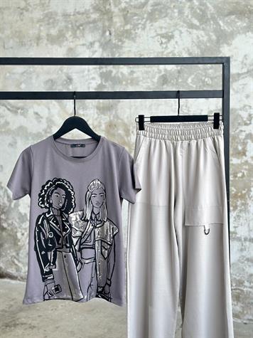 Varak Detaylı Kız Baskılı T-shirt(gri)