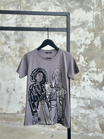 Varak Detaylı Kız Baskılı T-shirt(gri)