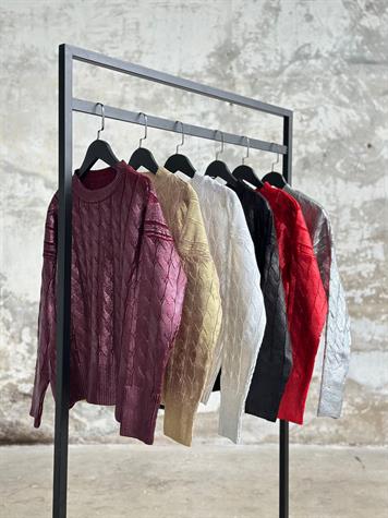 Varak Kaplamalı Saç Örgü Kazak (Gold)