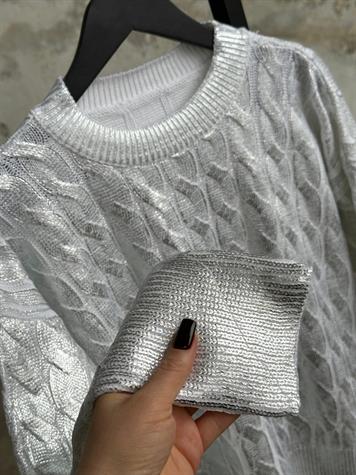 Varak Kaplamalı Saç Örgü Kazak (Gümüş)