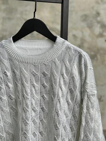 Varak Kaplamalı Saç Örgü Kazak (Gümüş)