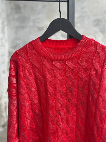 Varak Kaplamalı Saç Örgü Kazak (Kırmızı)