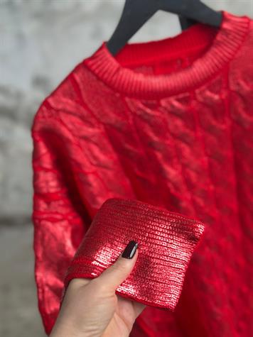 Varak Kaplamalı Saç Örgü Kazak (Kırmızı)