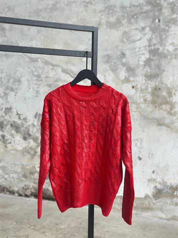 Varak Kaplamalı Saç Örgü Kazak (Kırmızı)
