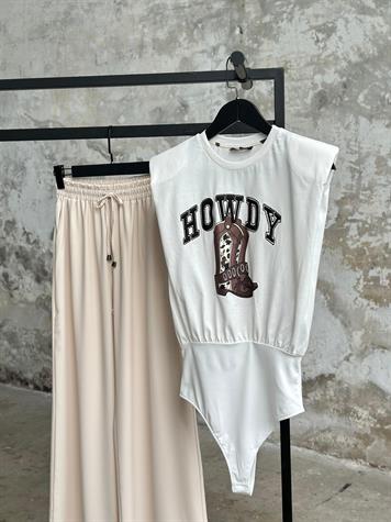 Vatka Detay Nakışlı Body Suit Tişört (Beyaz)