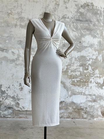 Vatkalı Önü Düğüm Detaylı Simli Elbise (Beyaz)