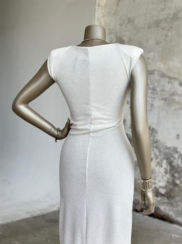 Vatkalı Önü Düğüm Detaylı Simli Elbise (Beyaz)