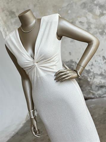 Vatkalı Önü Düğüm Detaylı Simli Elbise (Beyaz)