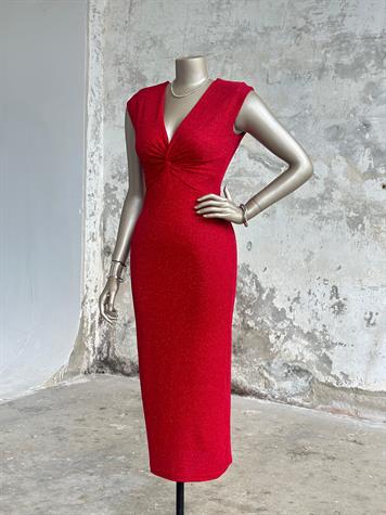 Vatkalı Önü Düğüm Detaylı Simli Elbise (Kırmızı)