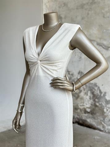 Vatkalı Önü Düğüm Detaylı Simli Elbise (Beyaz)