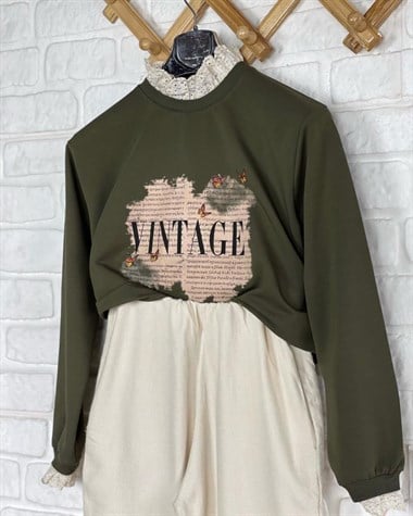 Vintage Baskı Desenli sweat (YEŞİL)