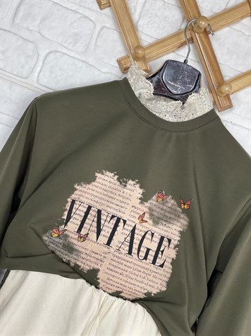 Vintage Baskı Desenli sweat (YEŞİL)