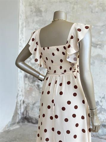 Vintage Kahve Puantiyeli Prenses Model Elbise (Ekru)