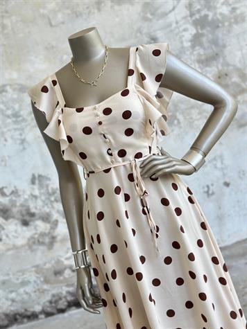 Vintage Kahve Puantiyeli Prenses Model Elbise (Ekru)