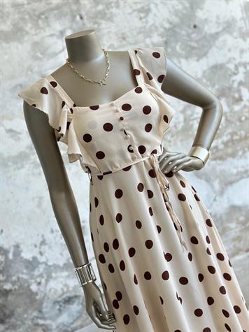 Vintage Kahve Puantiyeli Prenses Model Elbise (Ekru)