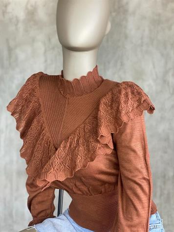 Vintage Model Beli Korseli Triko Kazak (Acı Kahve)