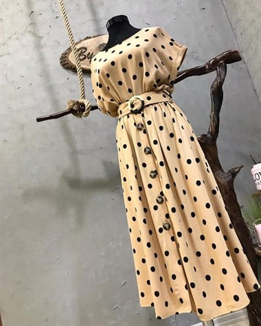 Vintage Model Krep Kumaş Midi Boy Elbise