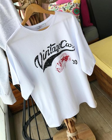 Vintage Yazılı Salaş Tshirt (BEYAZ)