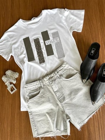 Vogue Yazı Detaylı Taş İşlemeli Tshirt (Beyaz)